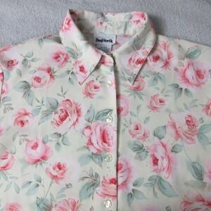 BonWorth Womens Blouse Button Up Short Sleeve Floral Roses Medium Petite